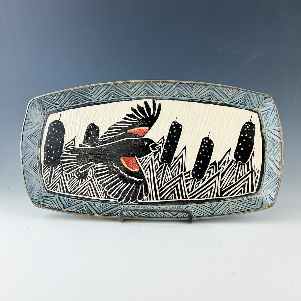 Red Winged Blackbird Large Rounded Rectangle Serving Tray in Gray hi