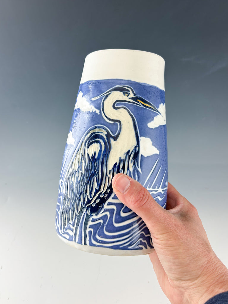 Heron Oval Vase in Blue and White