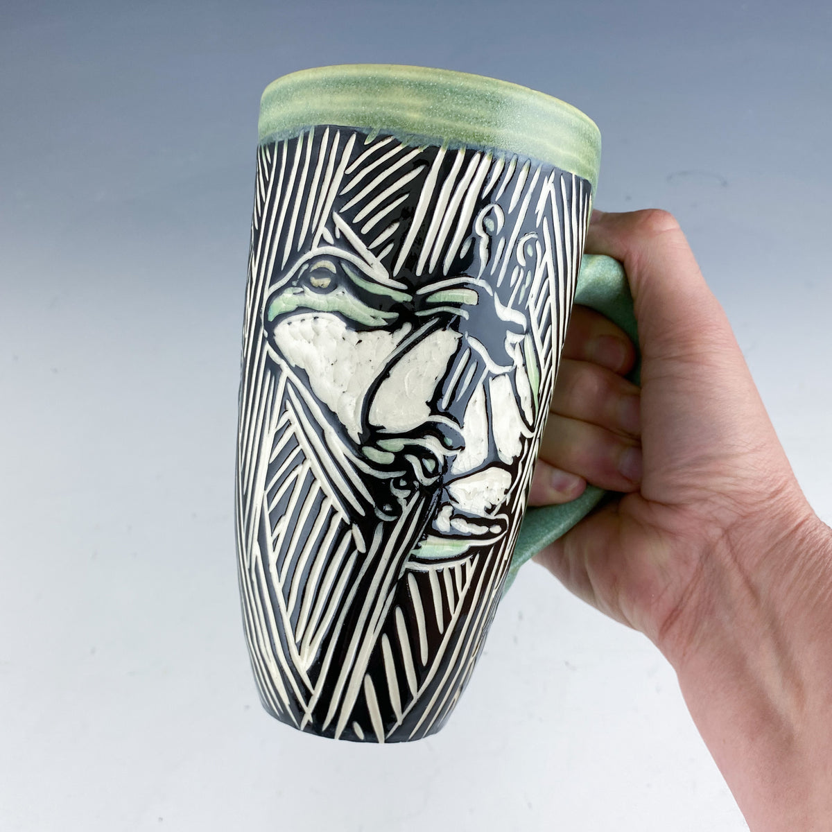 Tall Striped Gray-Green Mug with Two-Finger Handle — stonepool pottery