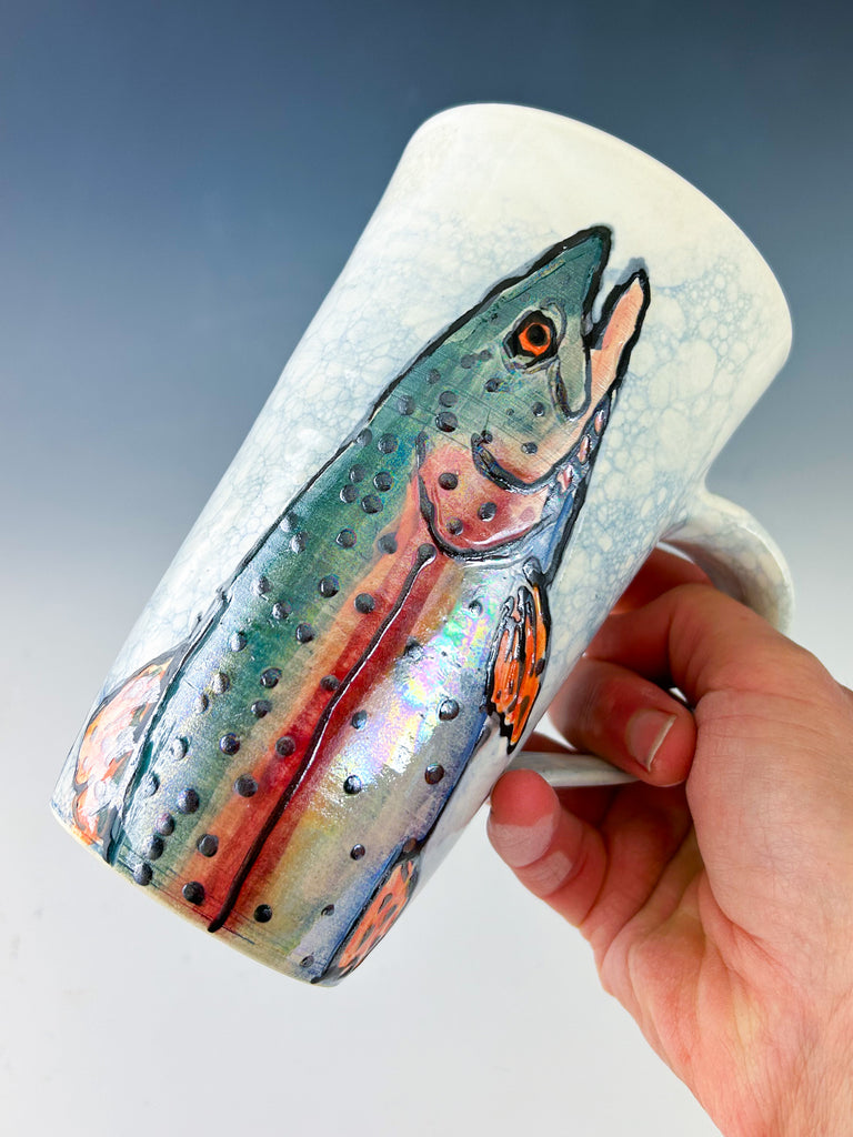 Rainbow Trout Mug in White and Blue Luster