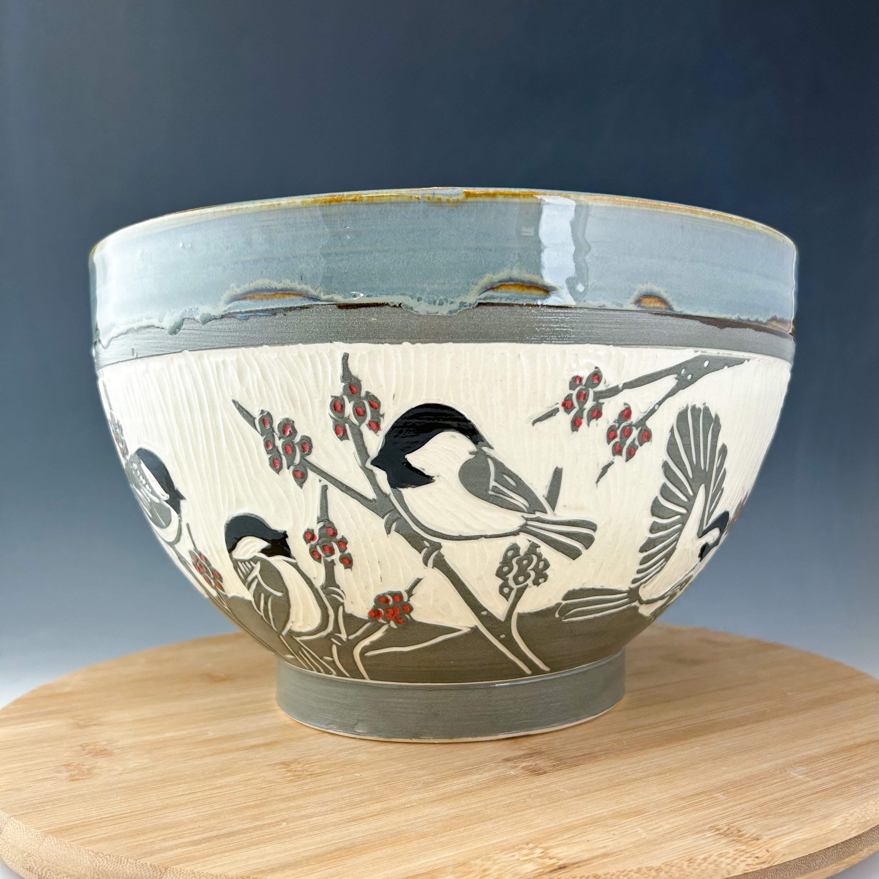 Chickadee Large Serving Bowl in Gray