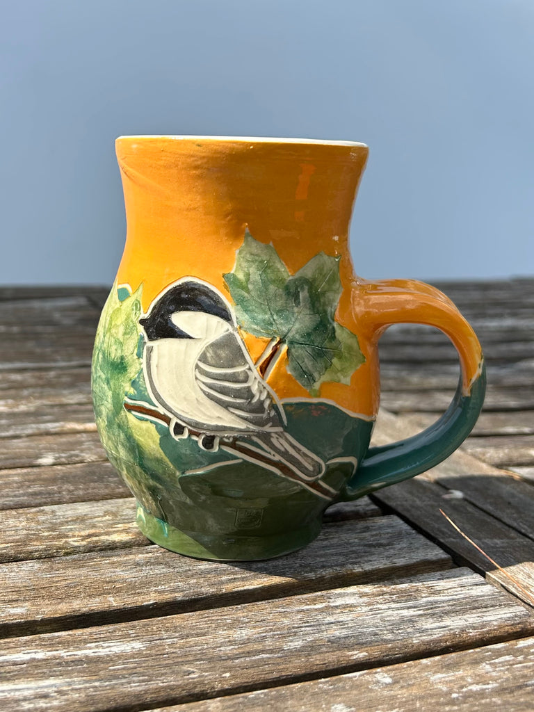 Summer Chickadee Mug in Green and Gold
