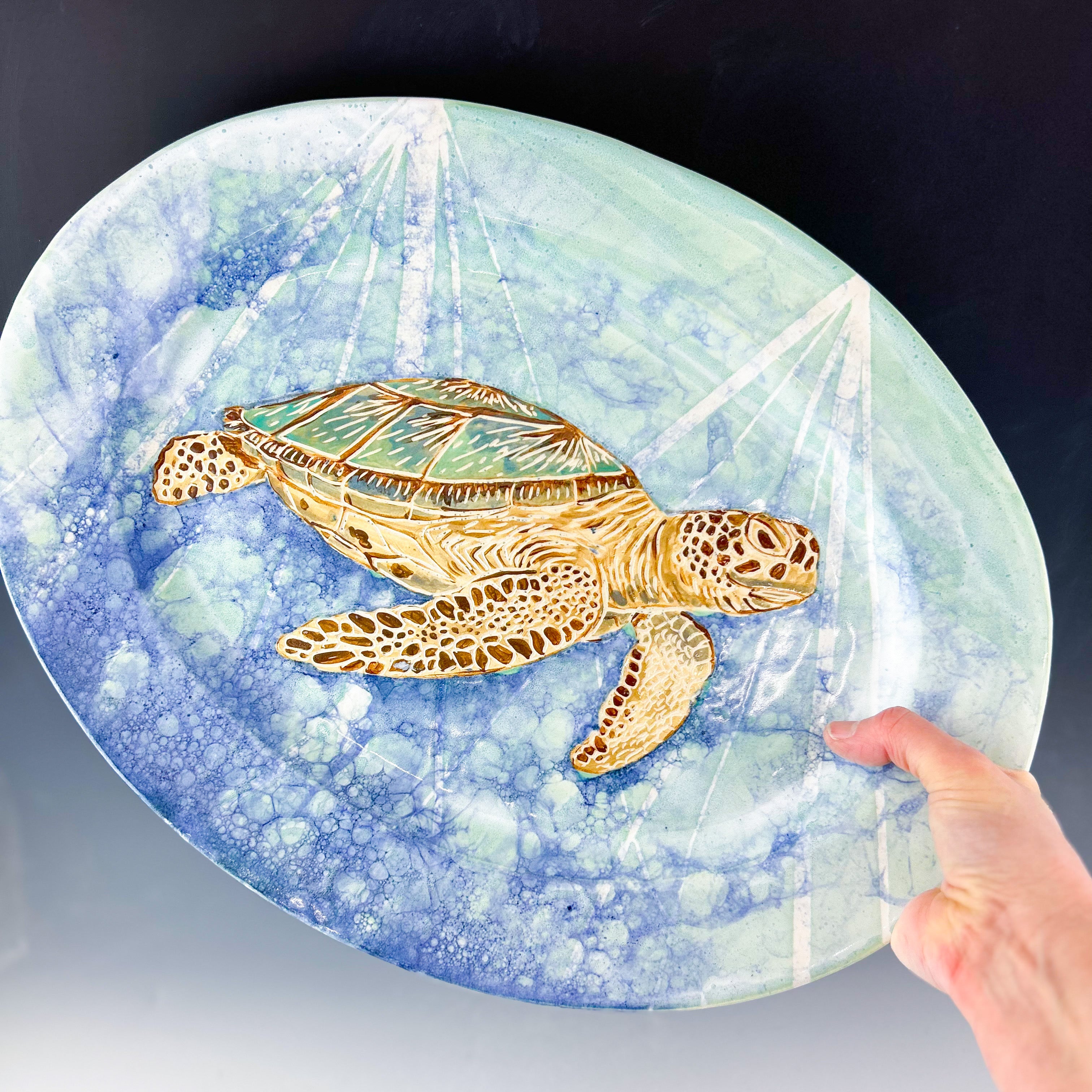 Sea Turtle Large Oval Platter in Green and Blue