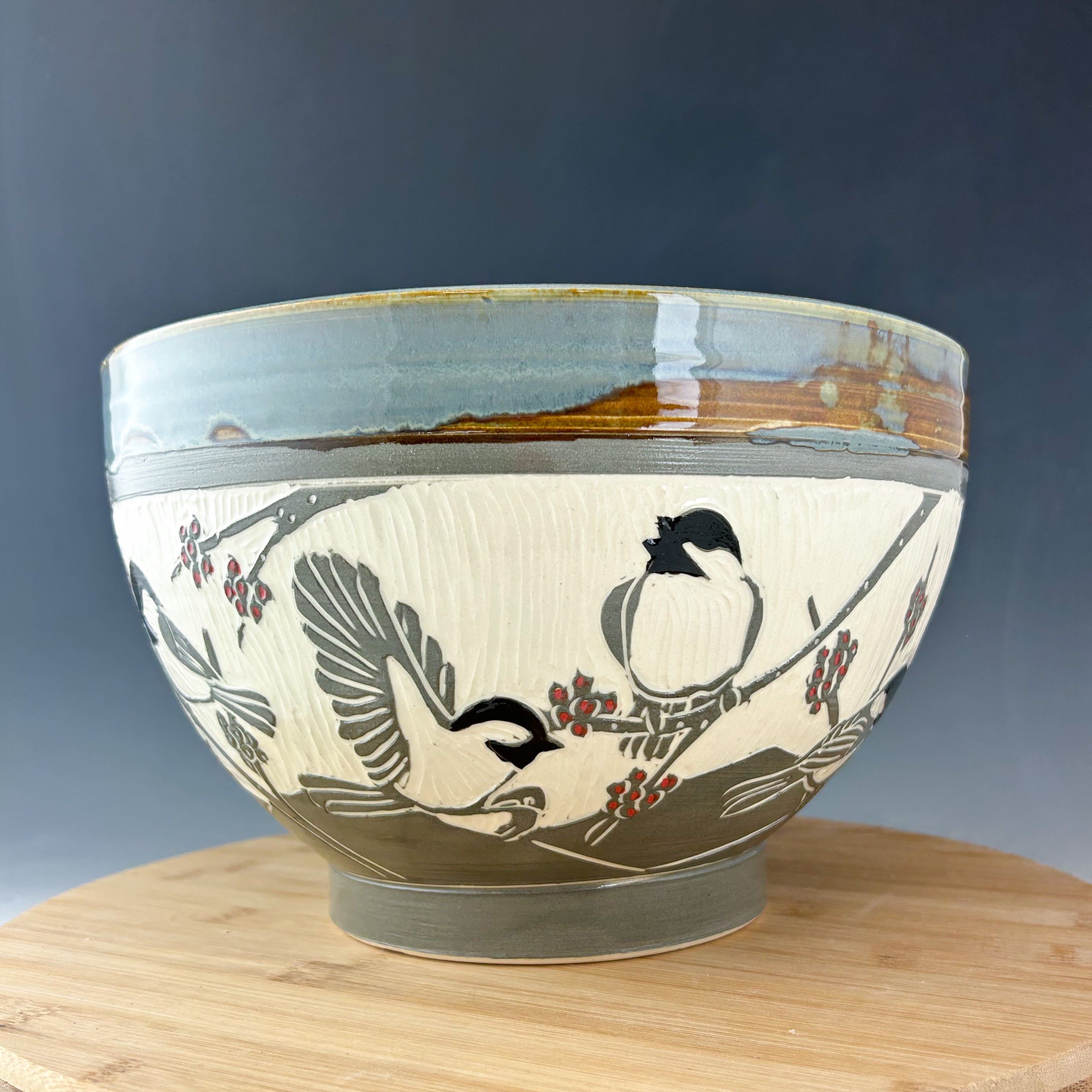 Chickadee Large Serving Bowl in Gray