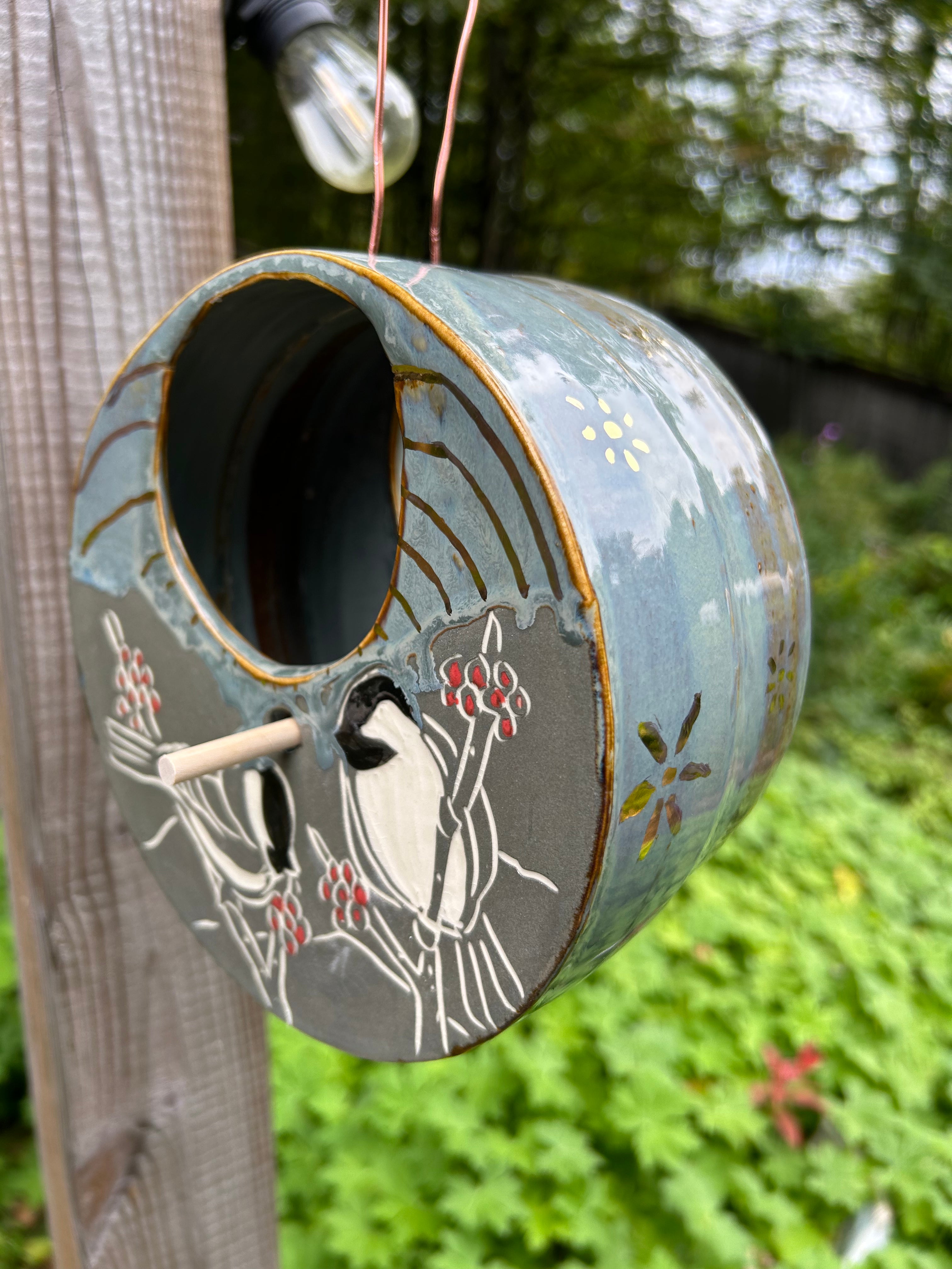 Chickadee Bird Feeder in Gray with Gold Luster