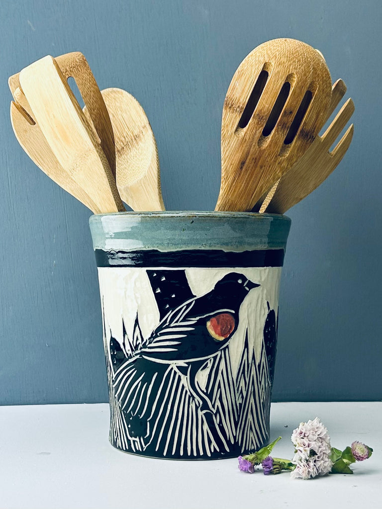 Red Winged Blackbird Utensil Crock in Gray