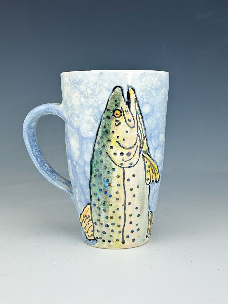 Rainbow Trout Mug in White and Blue Luster