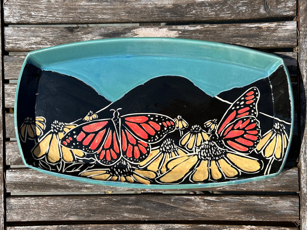 Butterfly Rounded Retangle Large Tray in Blue