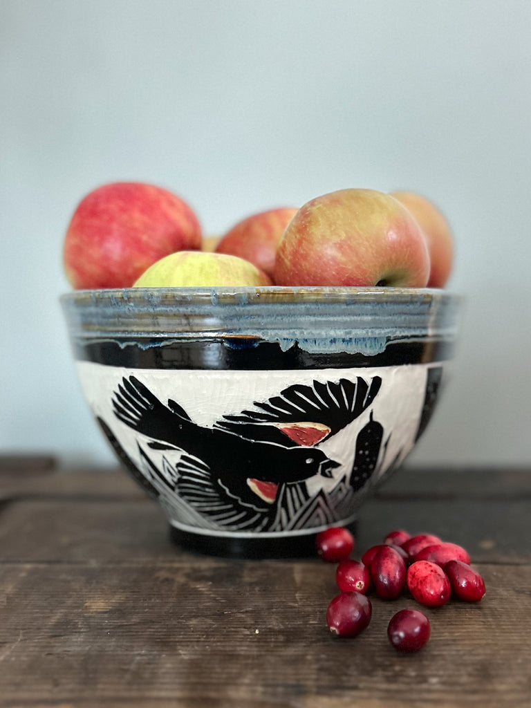 Red Winged Blackbird Serving Bowl in Gray