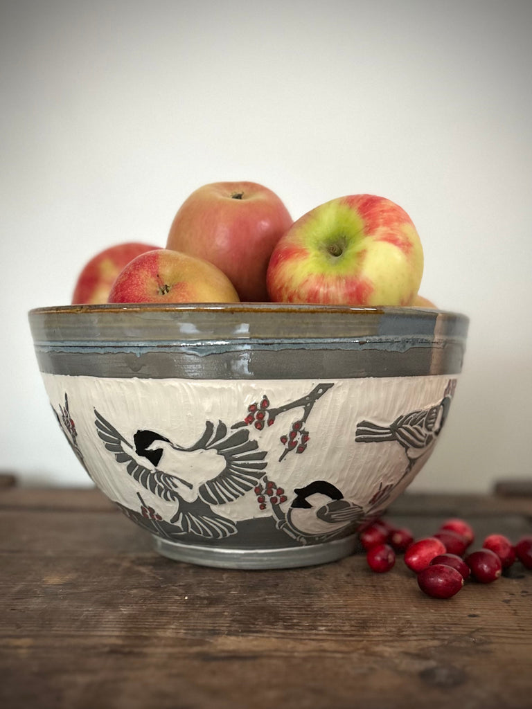 Chickadee Large Serving Bowl in Gray