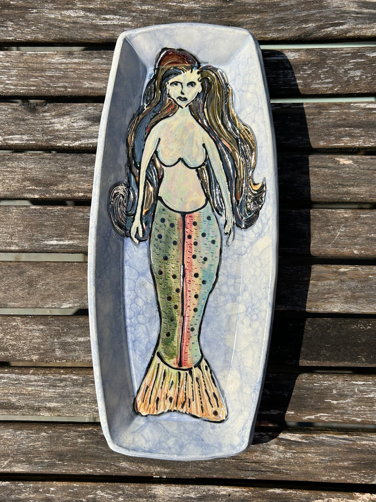 Rainbow Trout Mermaid Tray in Blue and White with Luster