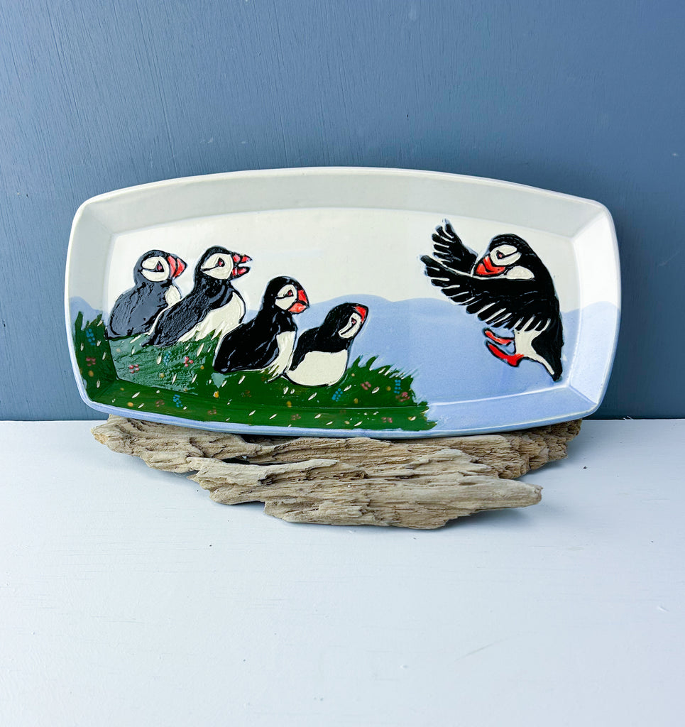 Puffin Large Rounded Rectangle Serving Tray in Blue and White