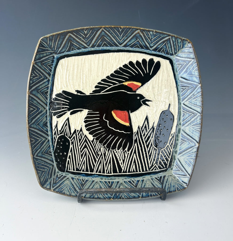 Red Winged Blackbird Plate Medium in Gray