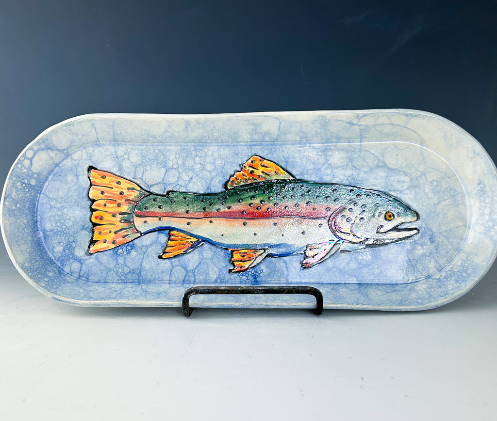 Rainbow Trout Tray in Blue and White with Luster
