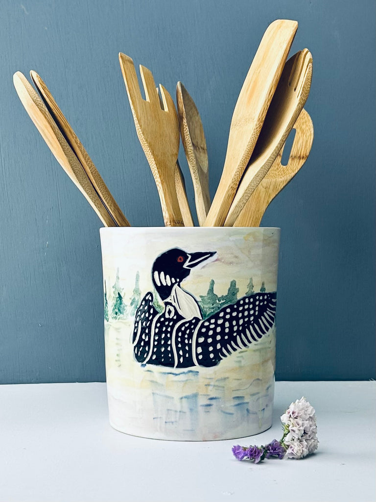 Dancing Loon Utensil Crock in Watercolor and White