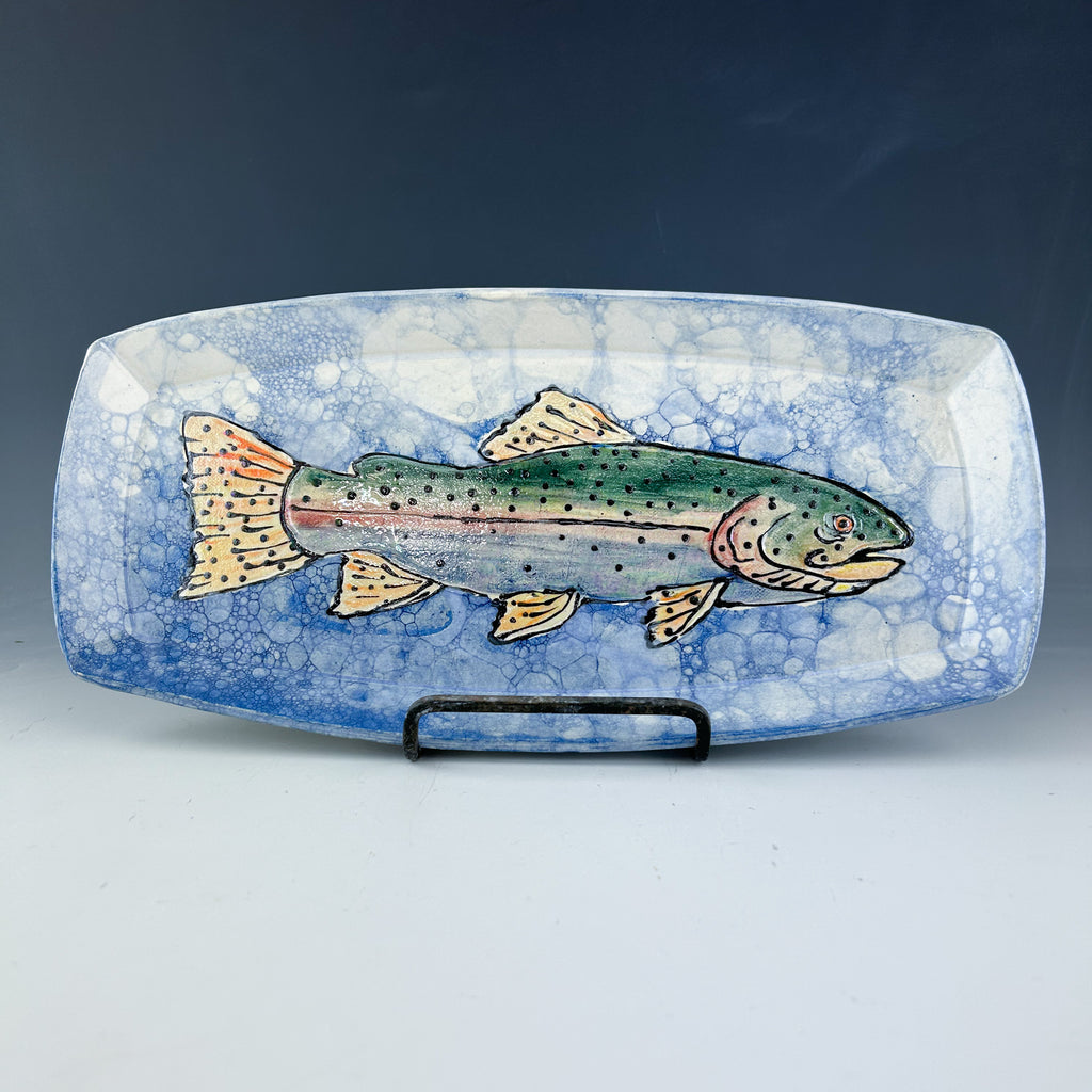 Rainbow Trout Tray in Blue and White with Luster