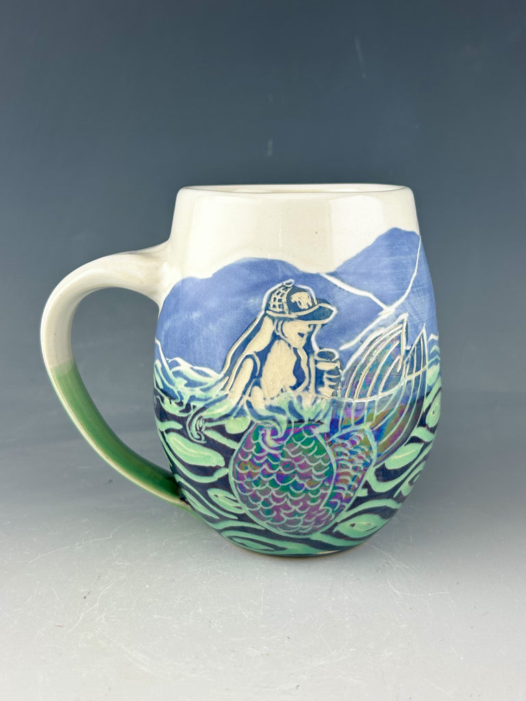 Green Mountain Mermaid Mug in Aqua and White