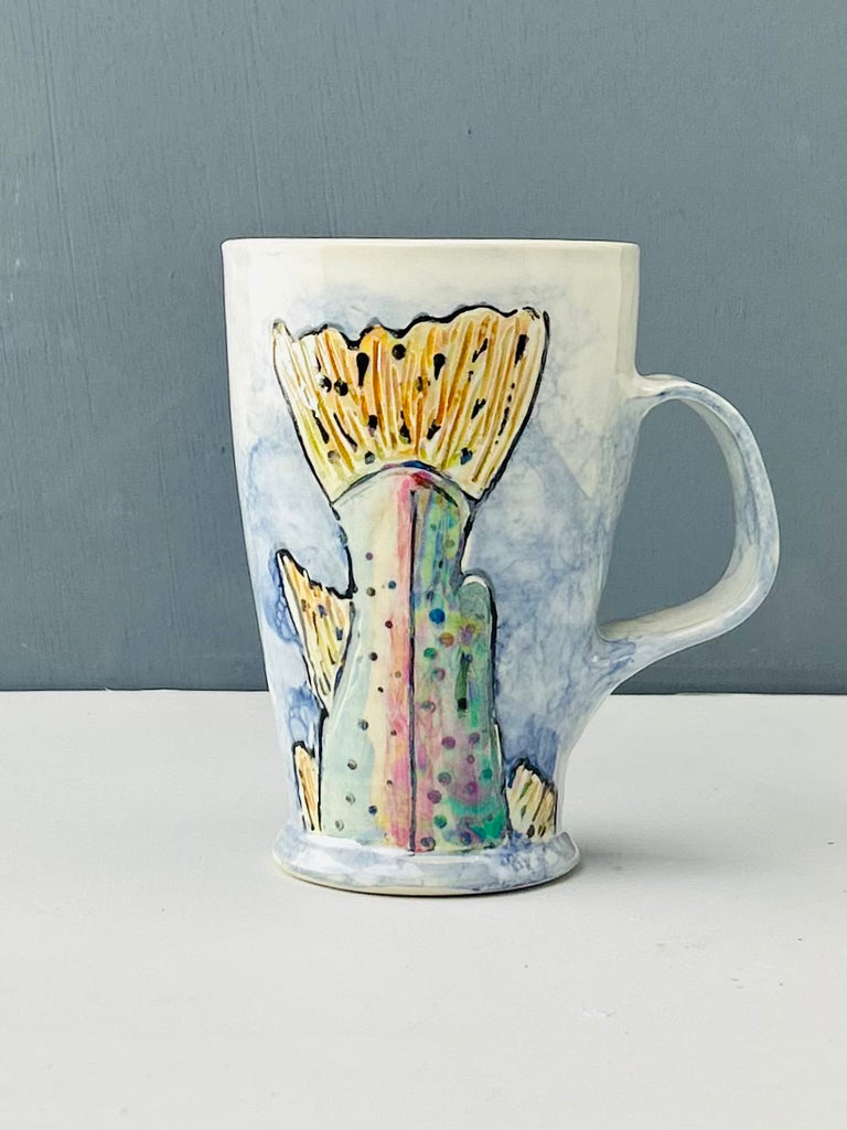 Rainbow Trout Mug in White and Blue Luster