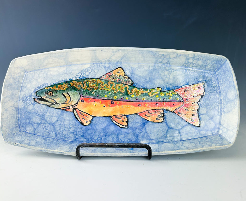 Brook Trout Tray in Blue and White with Gold and Pearl Luster