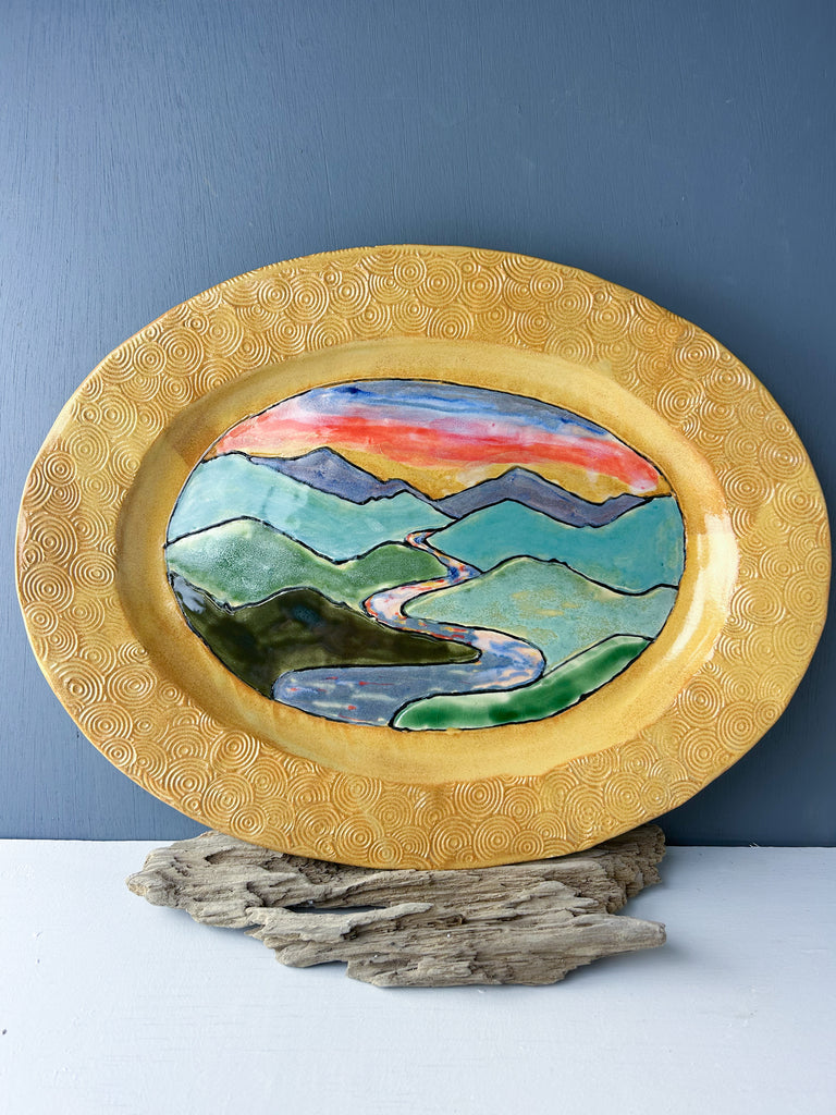Sunset Large Serving Platter Handmade Sgraffito Pottery in Gold in