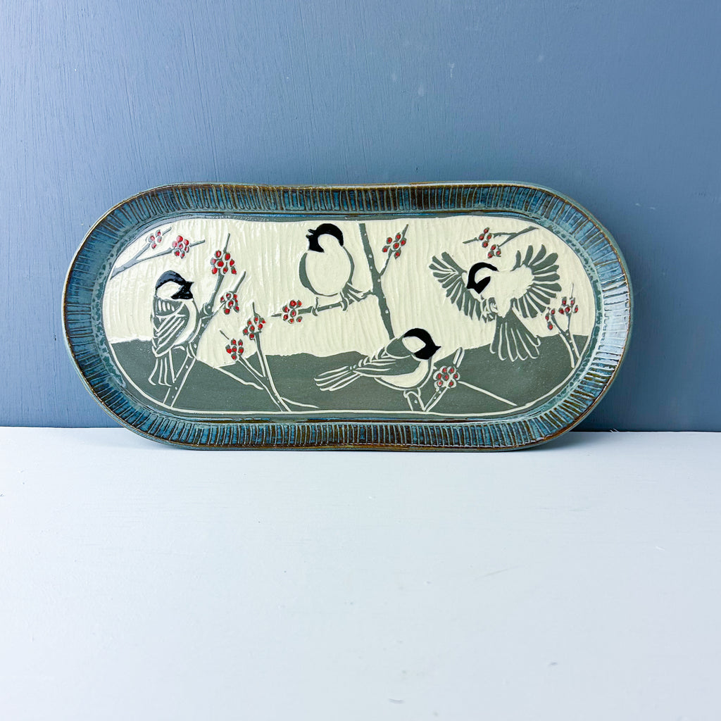 Chickadee Large Oval Serving Tray in Gray by