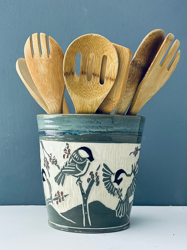 Chickadee Utensil Crock in Gray
