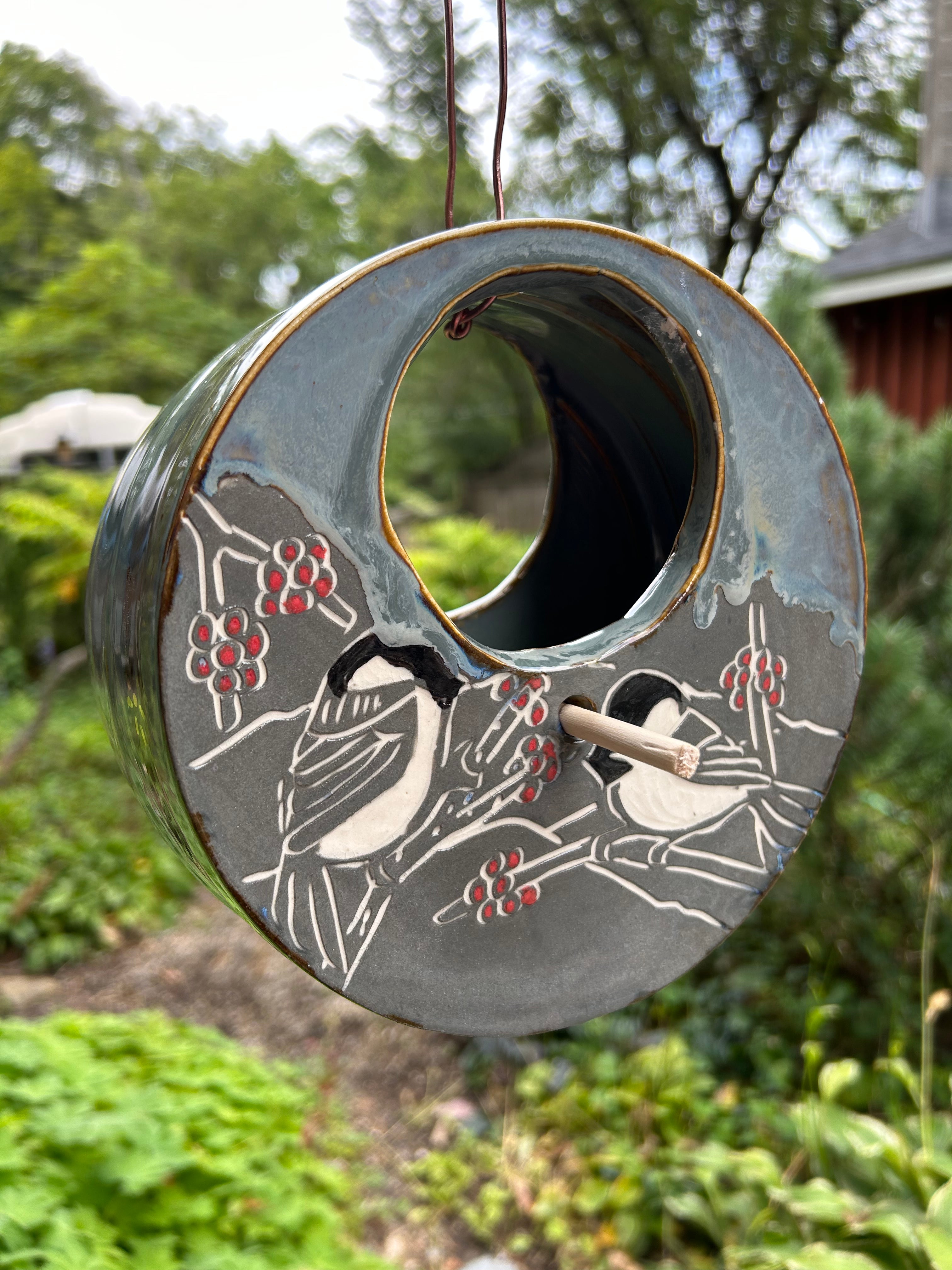 Chickadee Bird Feeder in Gray with Gold Luster