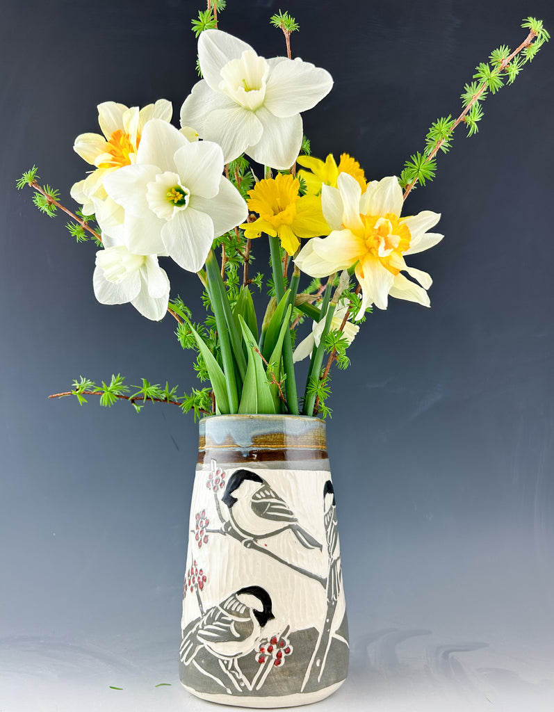 Chickadee Oval Vase in Gray