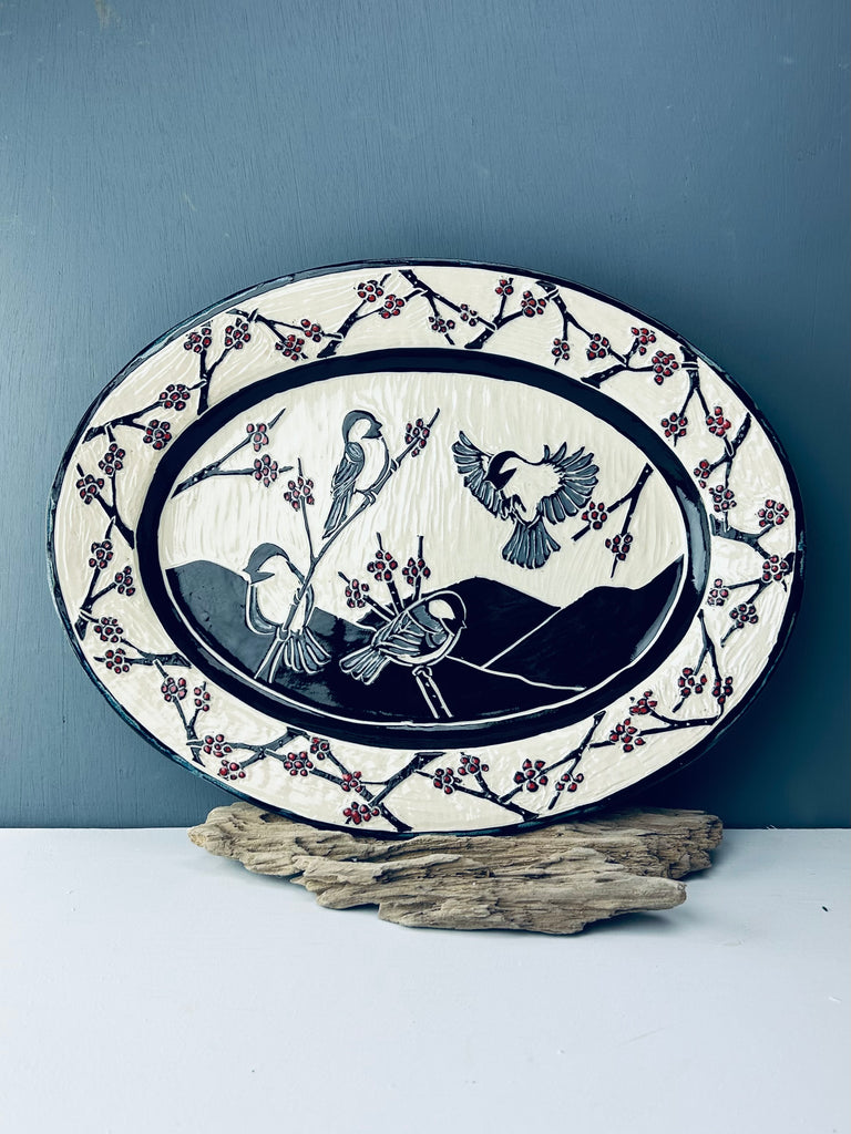 Chickadee Large Serving Platter in Gray