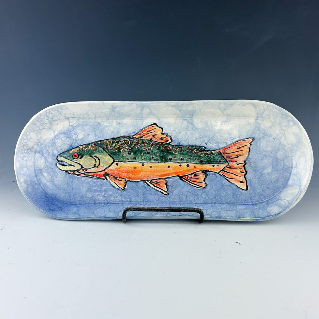 Brook Trout Tray in Blue and White with Gold and Pearl Luster