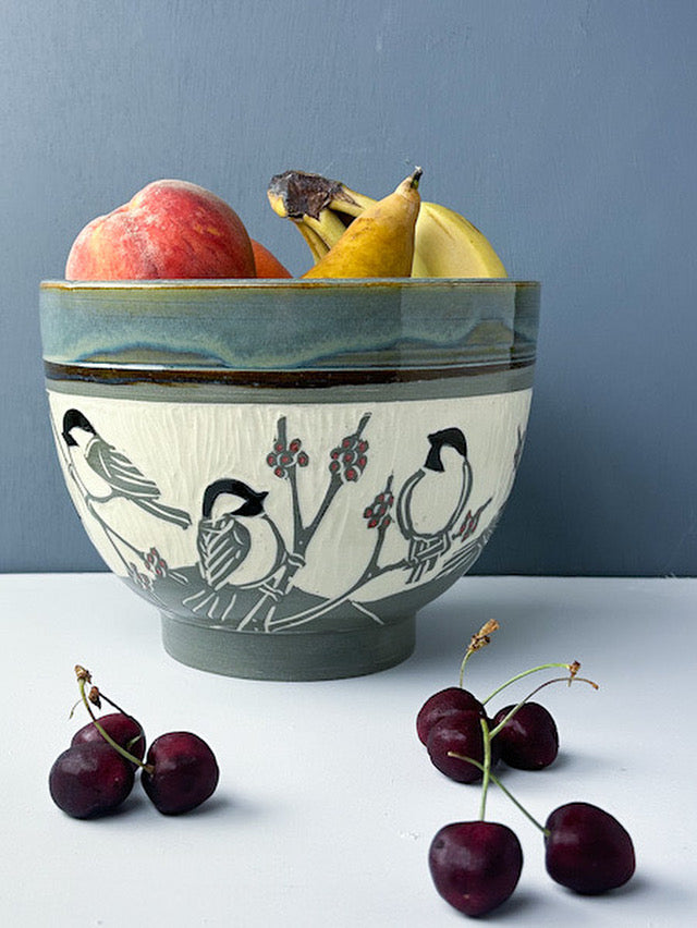 Chickadee Large Serving Bowl in Gray