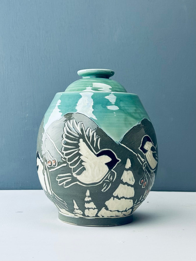 Winter Chickadee Canister in Blue