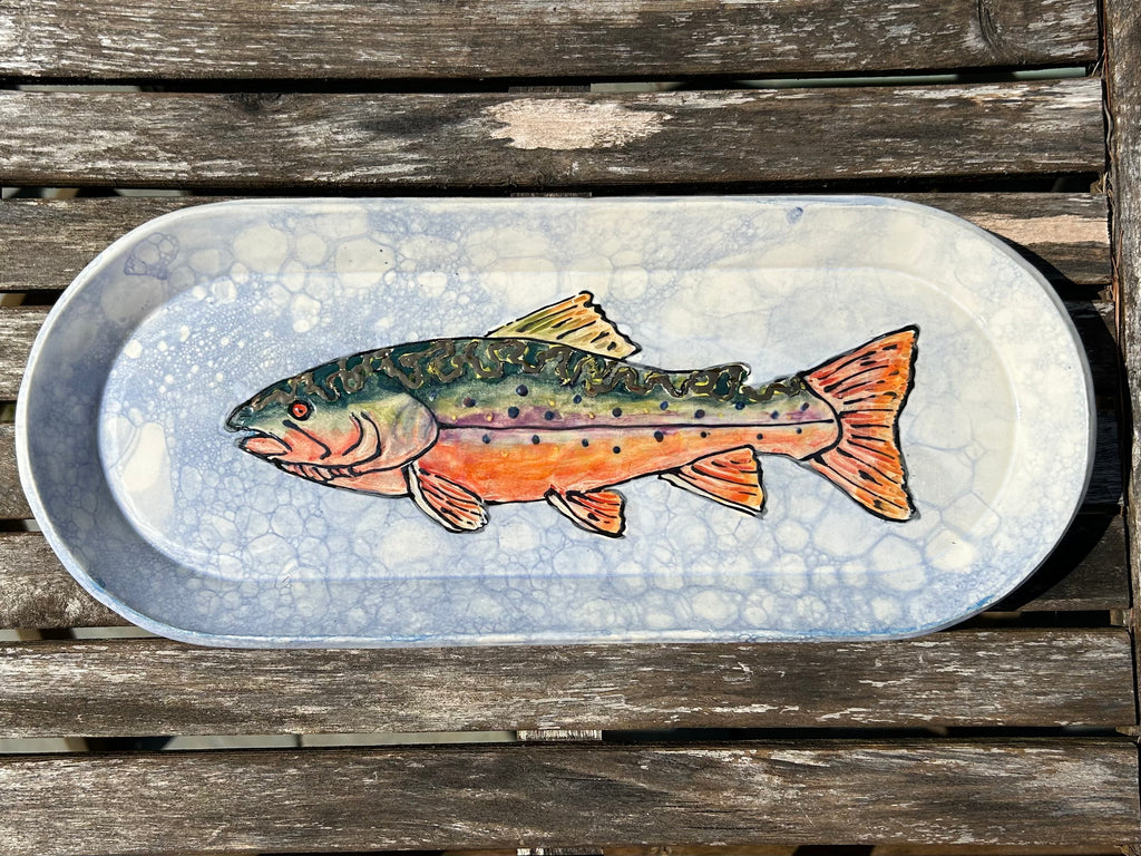 Brook Trout Tray in Blue and White with Gold and Pearl Luster