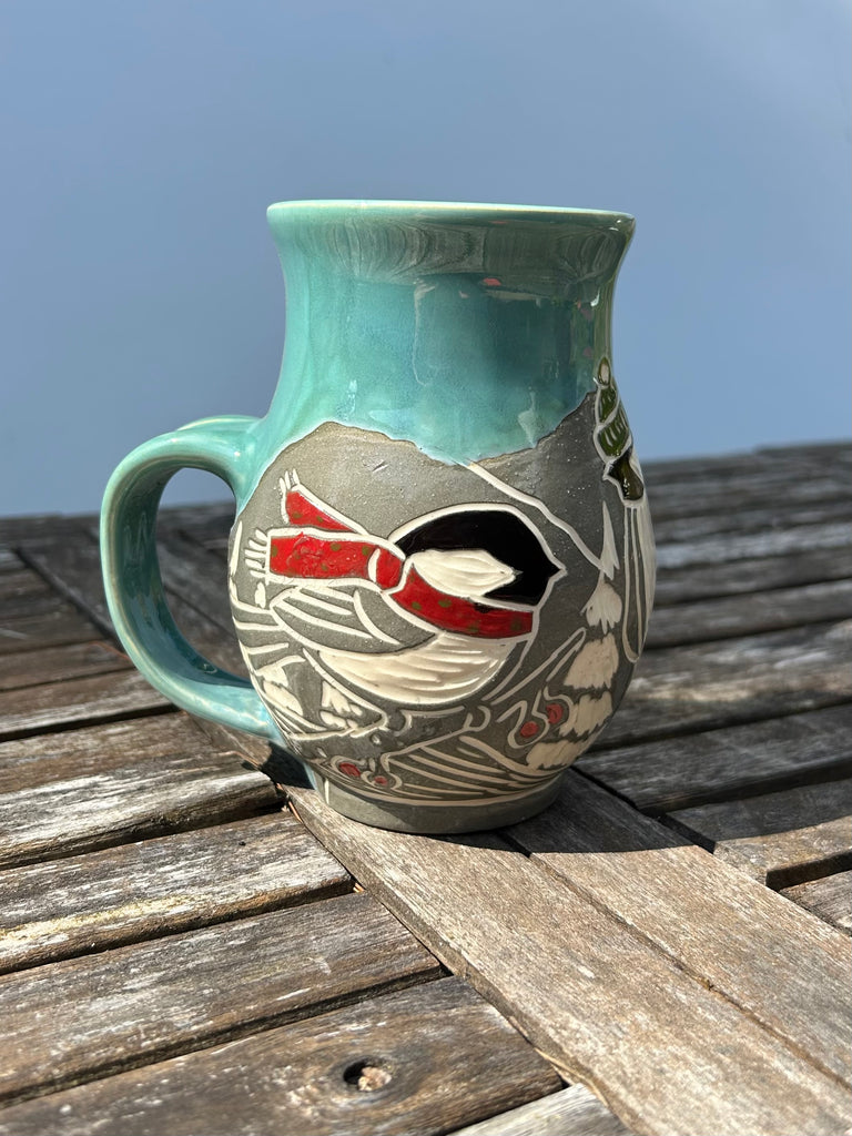Winter Attire Chickadee Mug in Gray and Blue