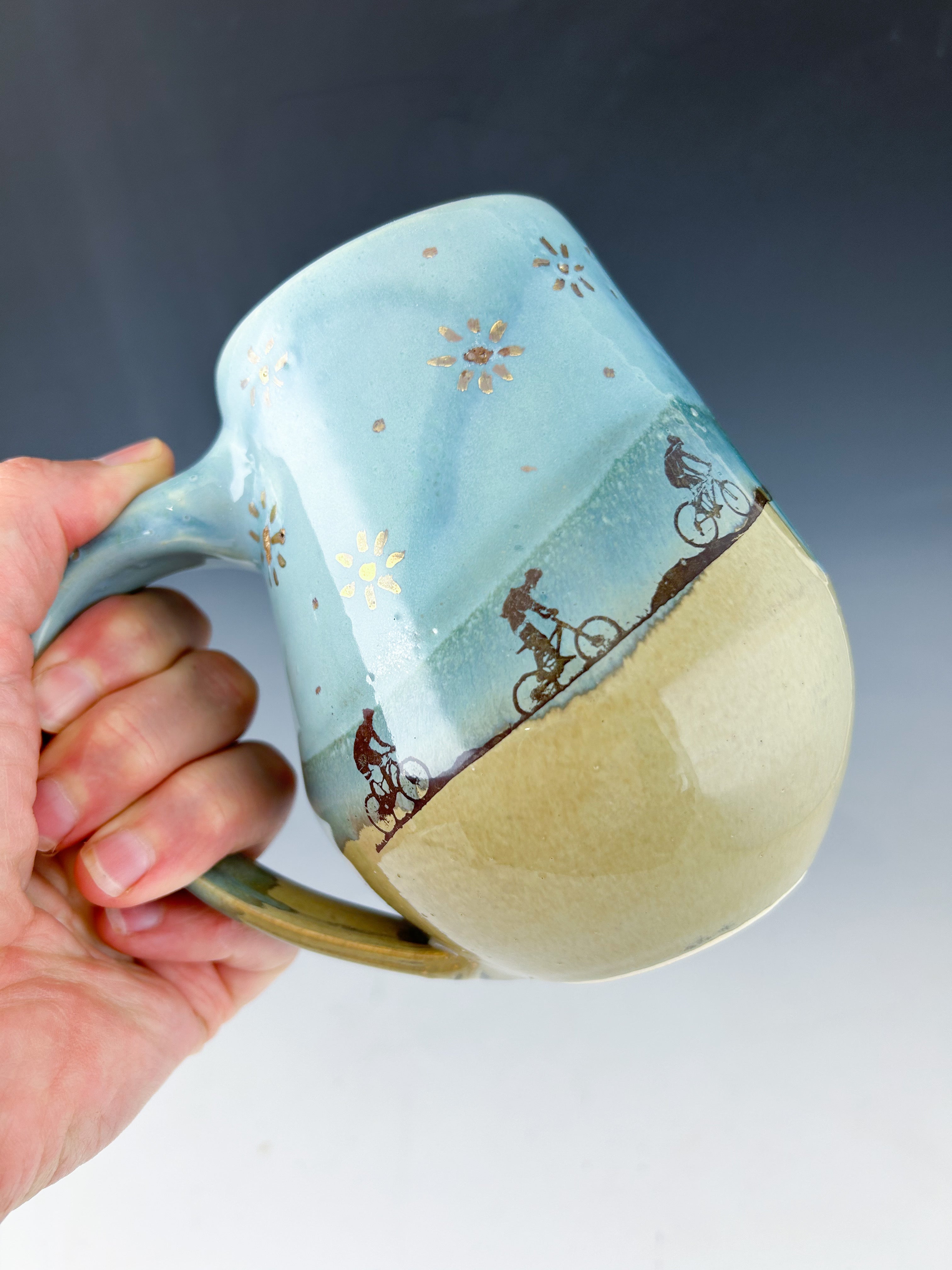 Mountain Bike Mug in Blue and Brown with Gold Luster