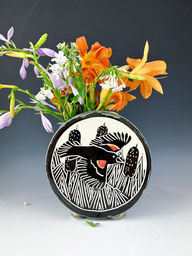 Red Winged Blackbird Canteen Vase in Gray