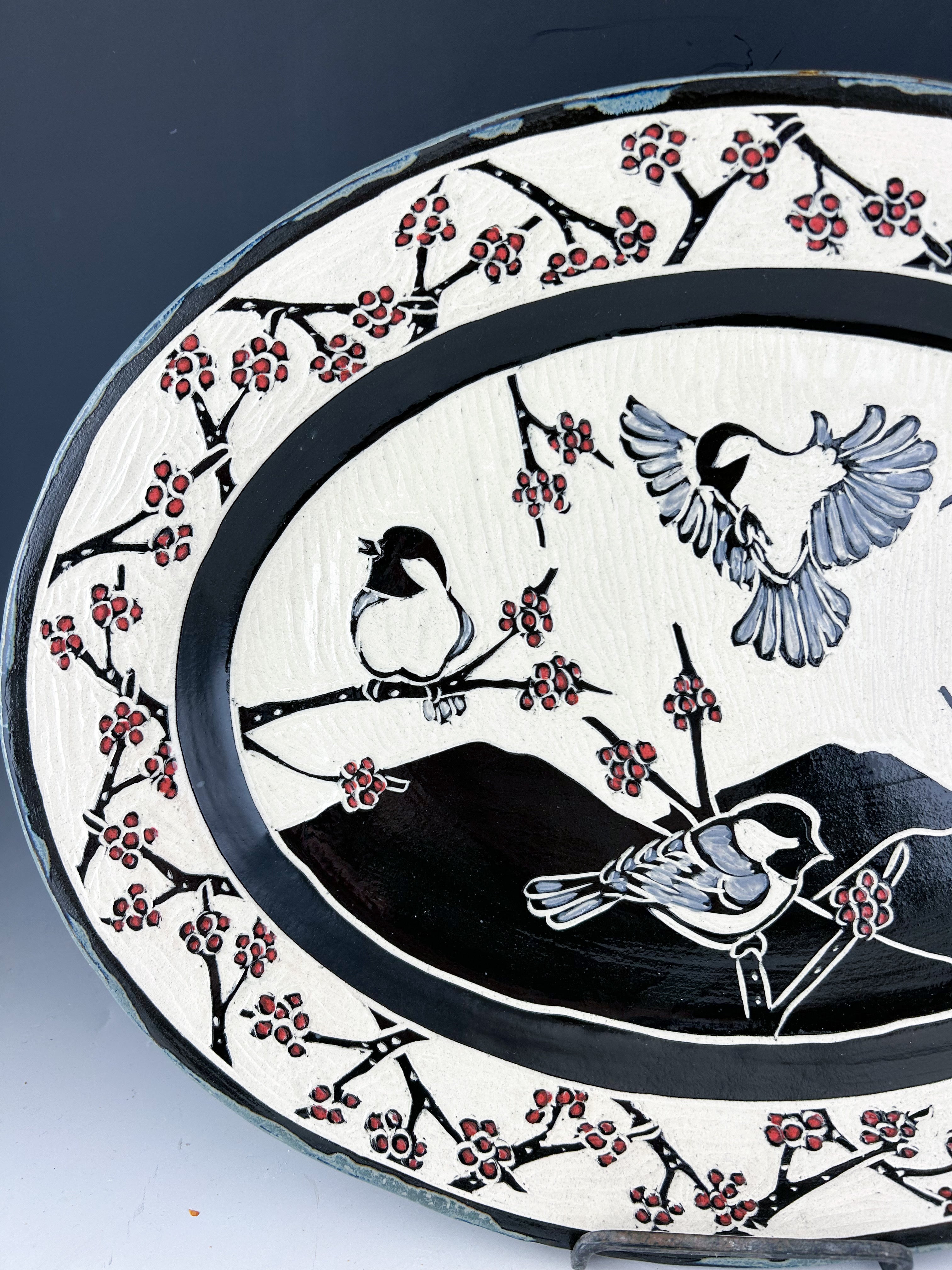 Chickadee Large Serving Platter in Gray