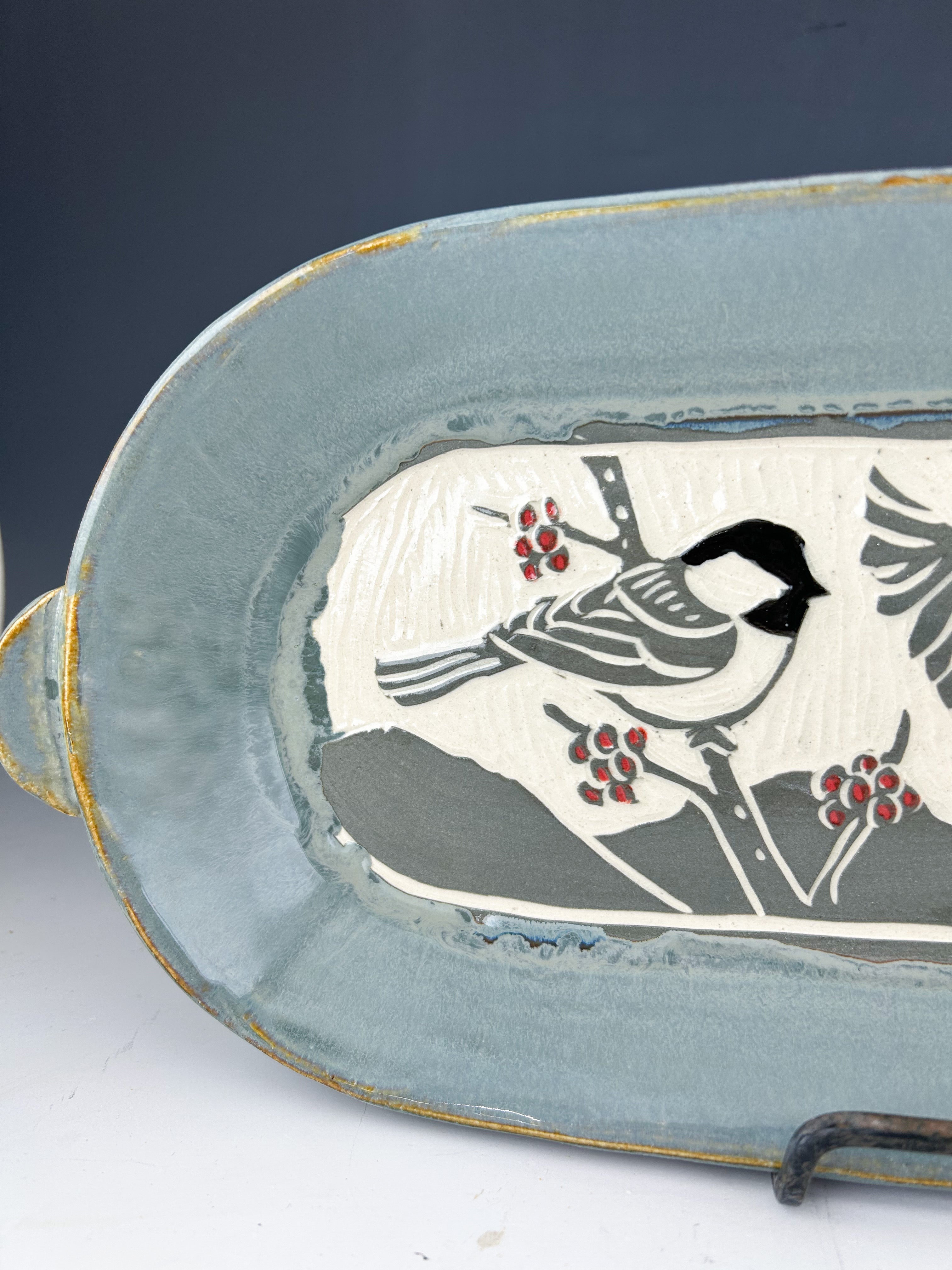 Chickadee Deep Rounded Oval Tray in Gray