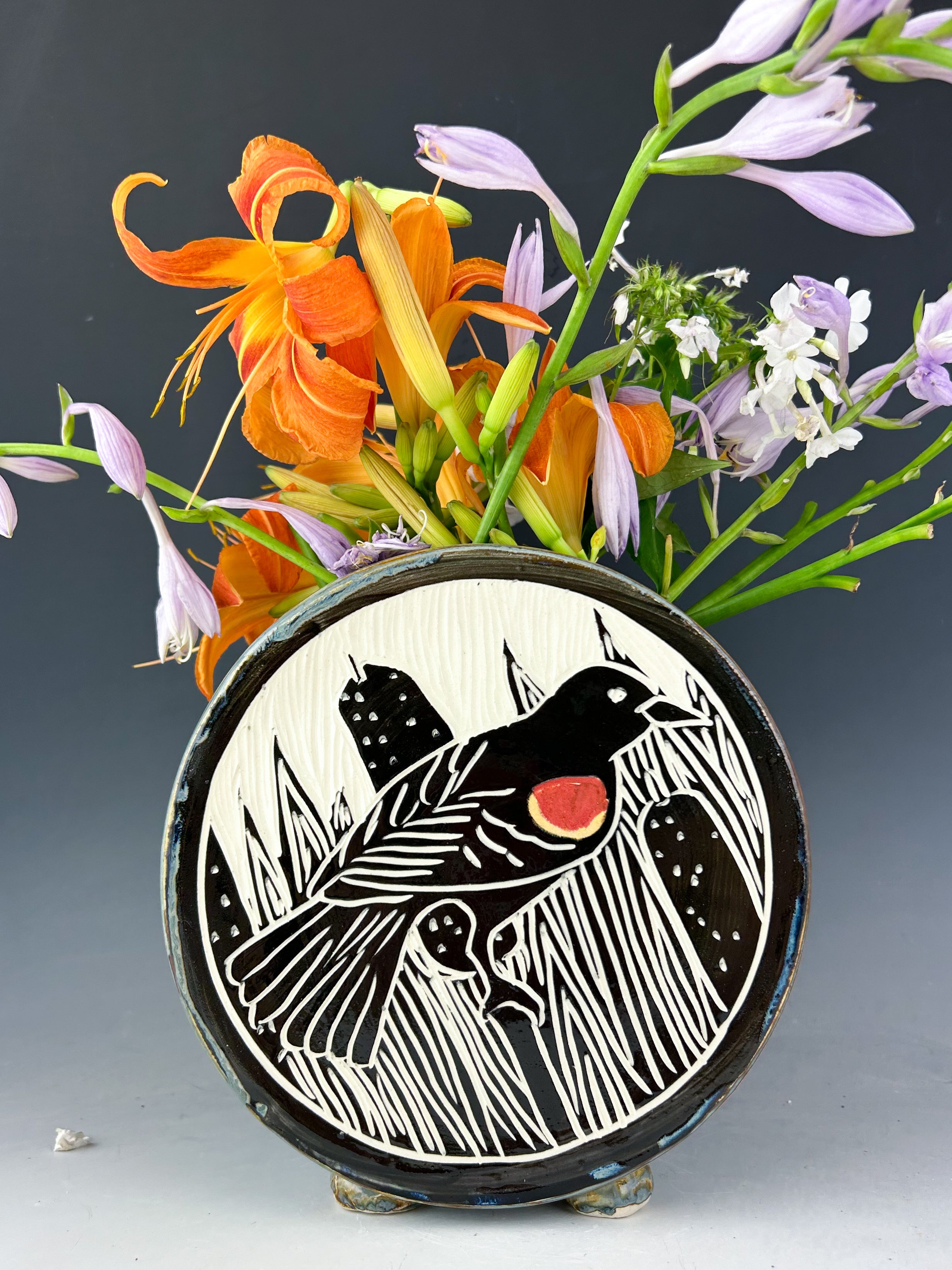 Red Winged Blackbird Canteen Vase in Gray