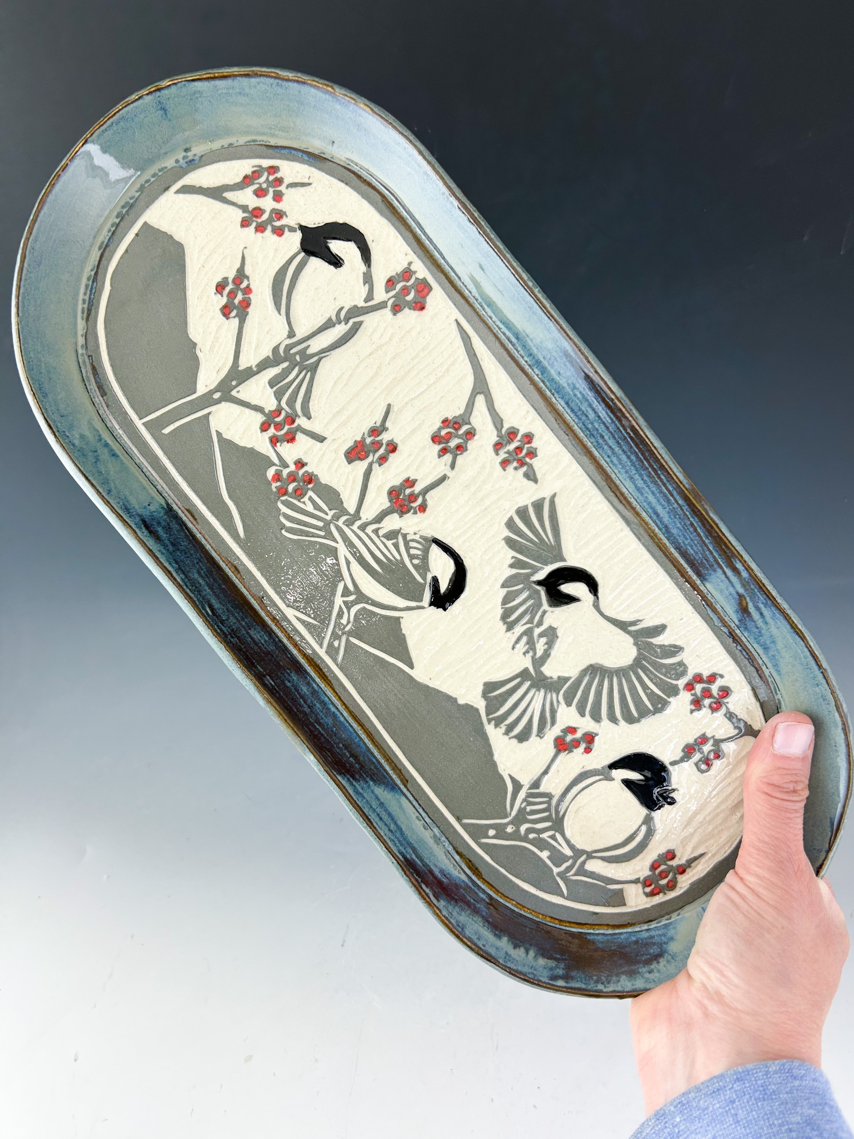 Chickadee Large Oval Serving Tray in Gray