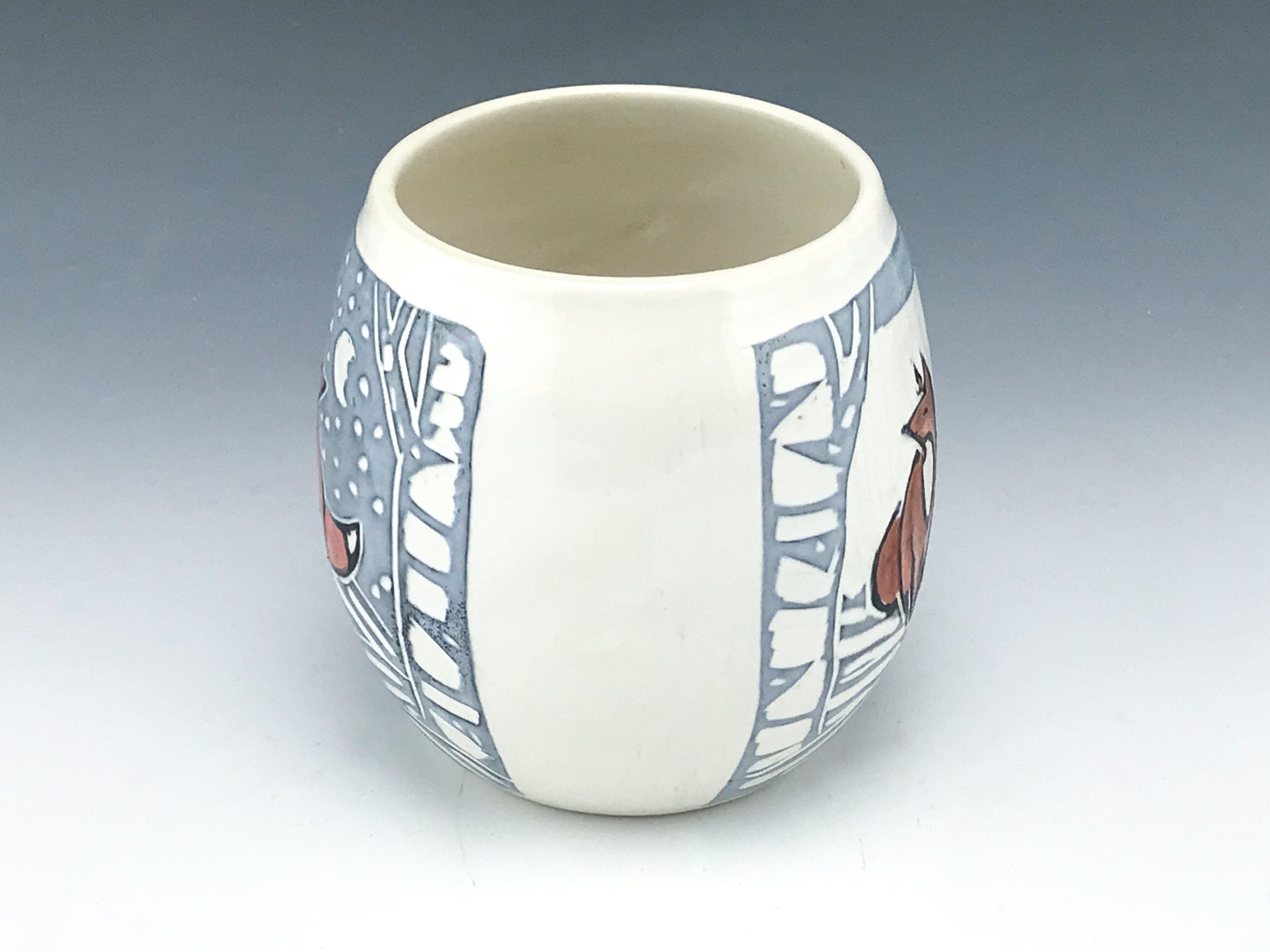 Handmade Sgraffito Fox Pottery Mug in Black and White