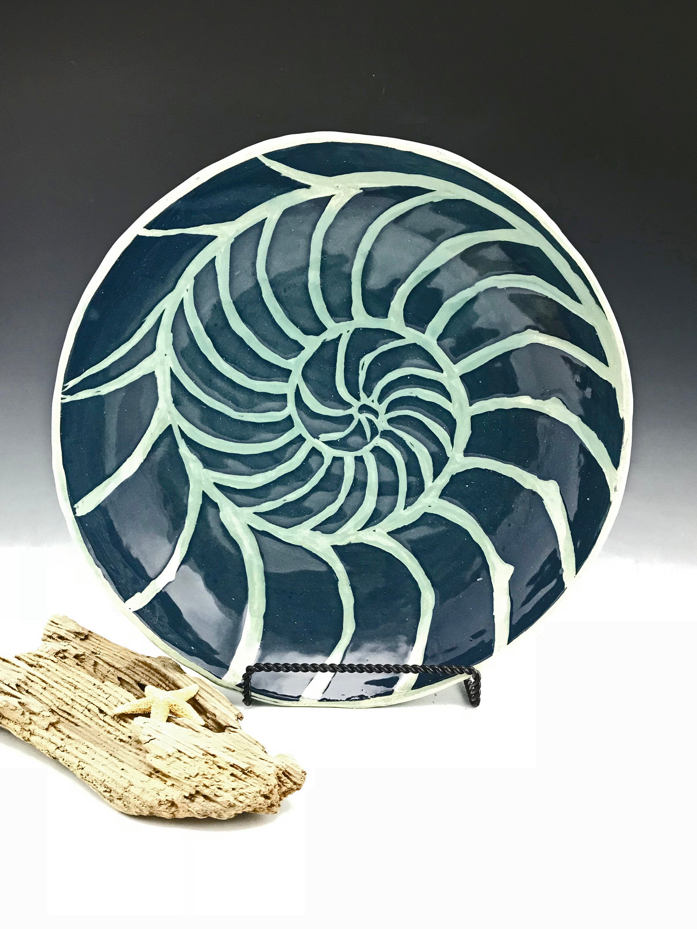 Nautilus Sgraffito Pottery Large Shallow Bowl in Blue