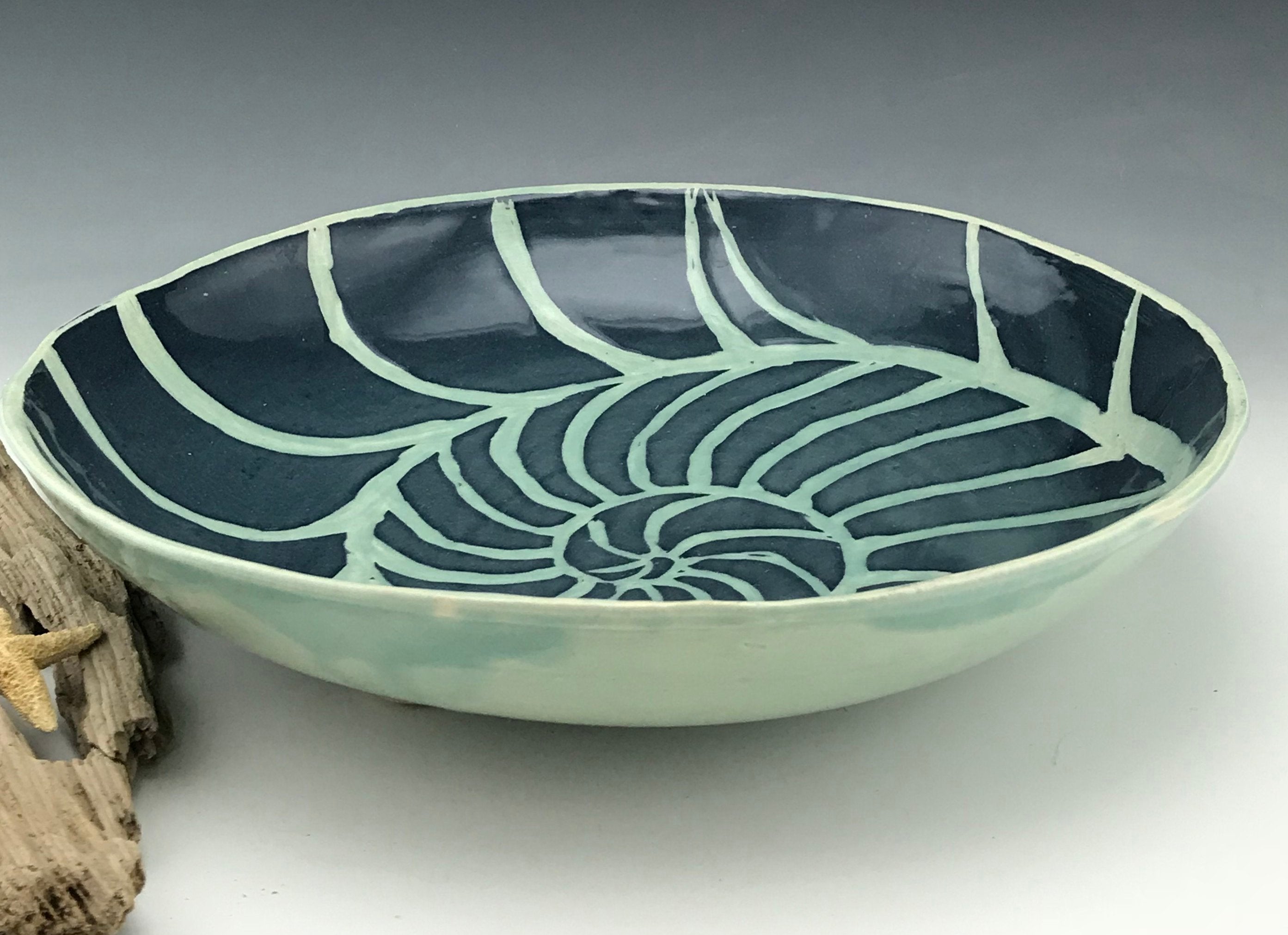 Nautilus Sgraffito Pottery Large Shallow Bowl in Blue