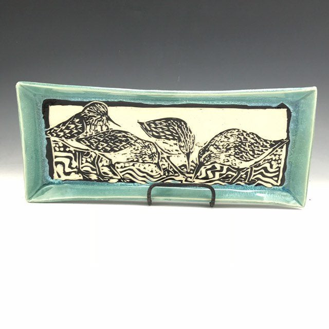 Sgraffito Sandpiper Ceramic Tray in Blue and Black