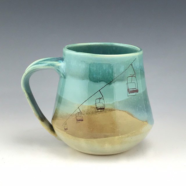 Ski Lift Mountain large pottery mug in blue white and brown
