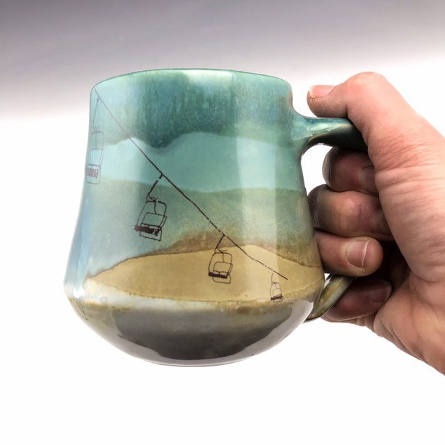 Ski Lift Mountain large pottery mug in blue white and brown