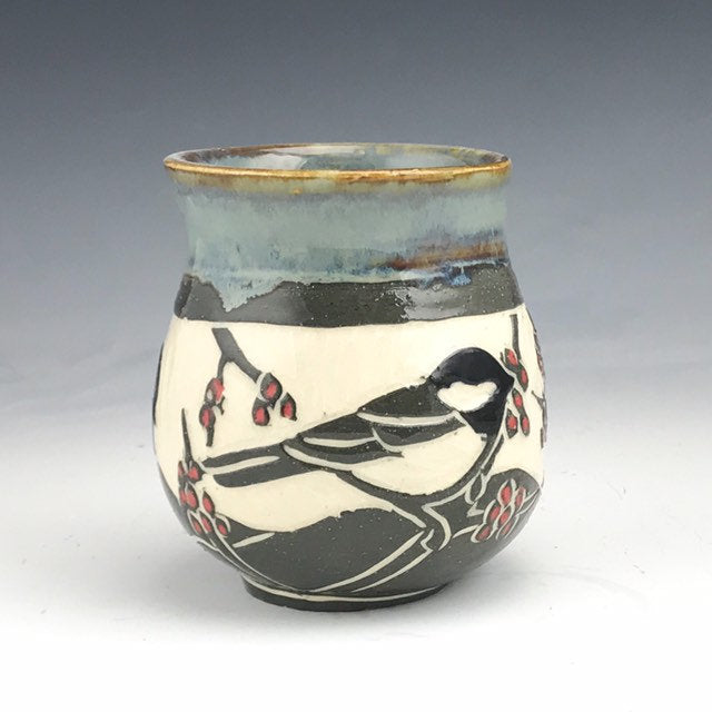 Sgraffito Handmade Pottery Chickadee Tea Bowl in Grey and White with Red Maple Buds