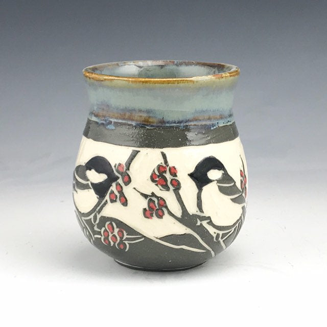 Sgraffito Handmade Pottery Chickadee Tea Bowl in Grey and White with Red Maple Buds