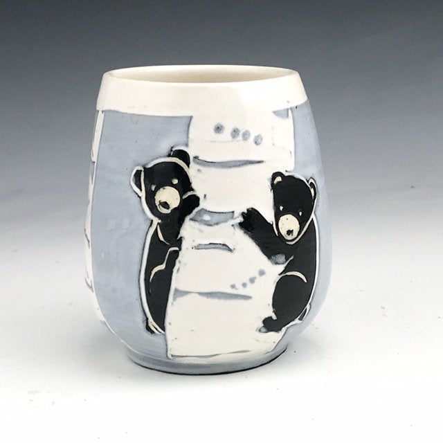 Handmade Sgraffito Bear Pottery Tea Bowl in Black and White Birch Trees