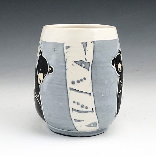 Handmade Sgraffito Bear Pottery Tea Bowl in Black and White Birch Trees
